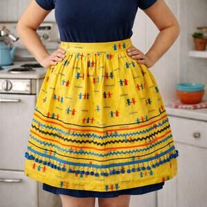 60s Yellow Dutch Folk Print Pom Pom Half Apron Home Sewn